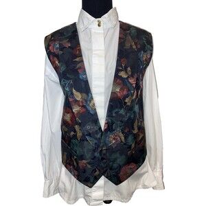 Vtg Brandon Michael Antique Victorian Floral 3 button vest pin stripes back Lg